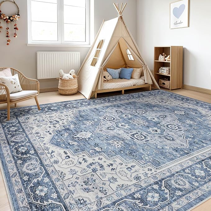 10x12 Area Rug Living Room: Washable Boho Large Neutral Vintage Soft Rug Stain Resistant Farmhouse Non-Slip Indoor Floor Retro Carpet for Bedroom Nursery Kids Office Dining Room- Blue Gray