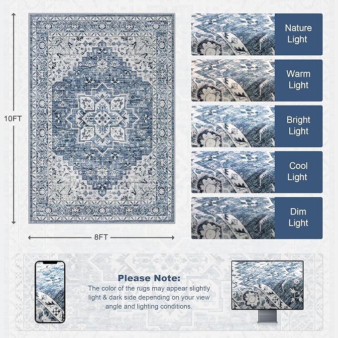 8x10 Area Rugs for Living Room: Washable Rug Soft Vintage Boho Medallion Carpet Indoor Floor Non-Slip Stain Resistant Large Carpets for Bedroom Dining Room Farmhouse Nursery Home Office Blue