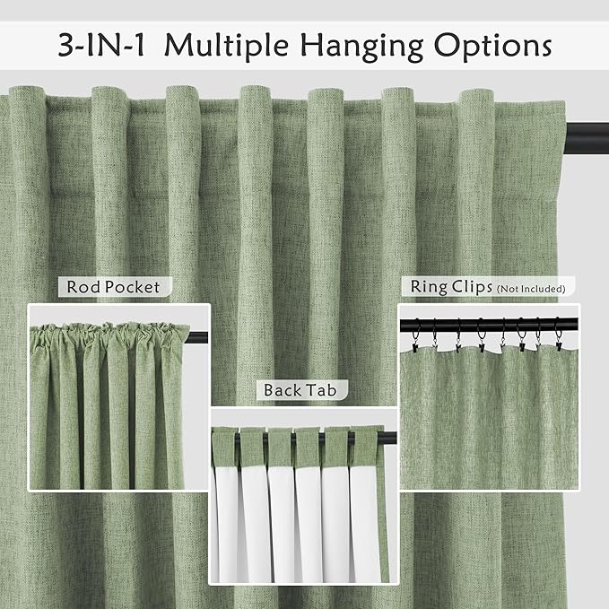 UHITECH Linen Blackout Curtains for Bedroom 63 Inches Long 2 Panels Set Curtain Linen 100% Blackout for Living Room Darkening Drapes Thermal (Sage Green, 52W x 63L)