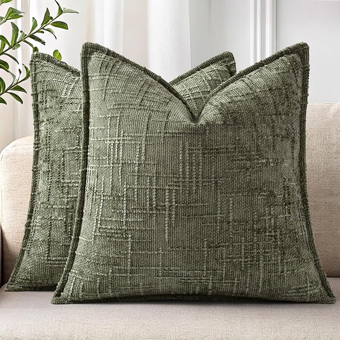 decorUhome Chenille Throw Pillow Covers 18x18 Set of 2, Soft Textured Slubby Modern Decorative Pillow Covers with Elegant Design for Couch, Sofa, Living Room, Olive Green