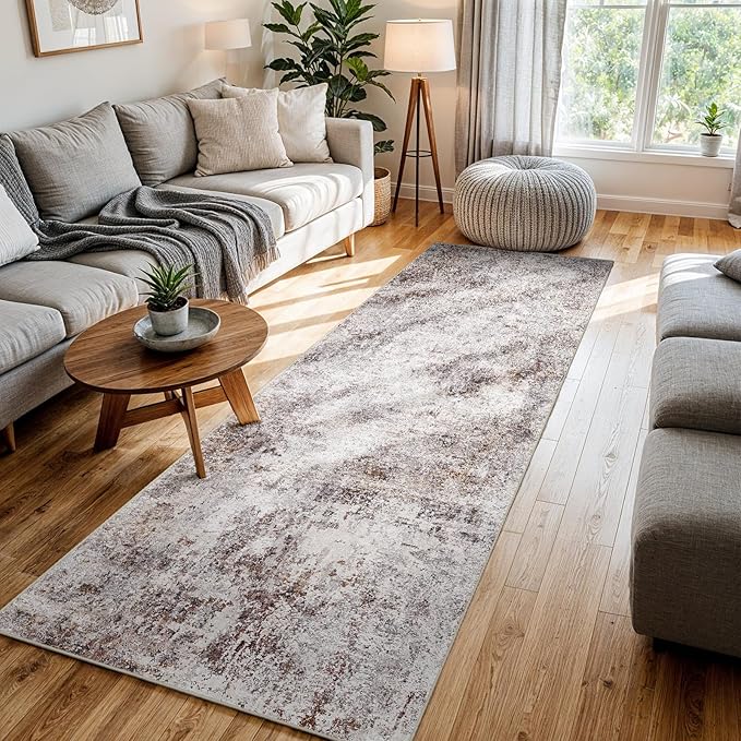 3x7 Washable Hallway Runner Rug – Abstract Non-Slip Mat with Rubber Backing Indoor Modern Runner Rugs Low-Pile Soft Carpet for Kitchen, Bedroom, Entryway, Hardwood (Brick Gray, 3x7)