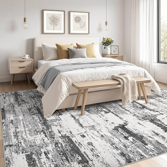 Area Rugs for Living Room: 9x13 Abstract Washable Rug Modern Neutral Large Soft Stain Resistant Non-Slip Backing Machine Table for Bedroom Dining Room Indoor Home Office Carpet - Black Grey