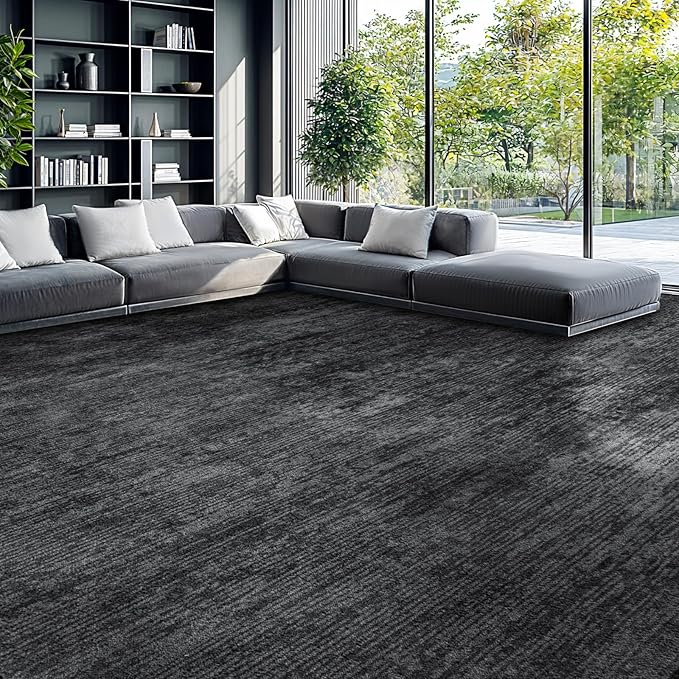 9x12 Washable Area Rug, Black Solid Area Rugs for Living Room & Bedroom | Stain-resistant & Non-slip backing,Low Pile Washable Large Carpet, Solid Vintage Style For High Traffic Areas(9x12,Black)