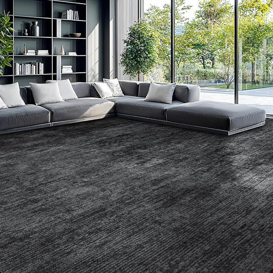 6x9 Washable Area Rug, Black Solid Area Rugs for Living Room & Bedroom | Stain-resistant & Non-slip backing,Low Pile Washable Large Carpet, Solid Vintage Style For High Traffic Areas(6x9,Black)