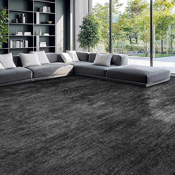 10x14 Washable Area Rug, Black Solid Area Rugs for Living Room & Bedroom | Stain-resistant & Non-slip backing,Low Pile Washable Large Carpet, Solid Vintage Style For High Traffic Areas(10x14,Black)