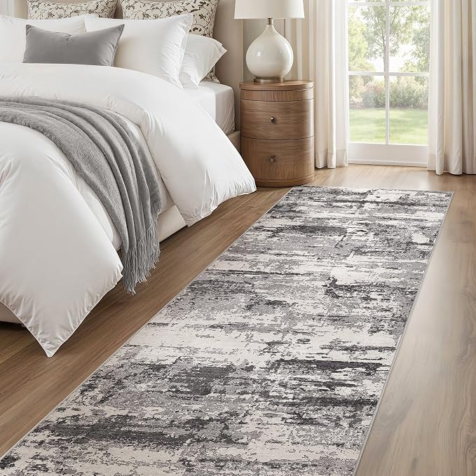 Area Rugs for Living Room: Abstract Washable Rug Modern Neutral Large Soft Stain Resistant Non-Slip Backing Machine Table for Bedroom Dining Room Indoor Home Office Carpet - 3x14 Black Grey