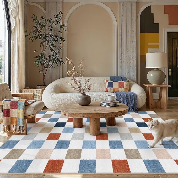 PureCozy Machine Washable 8x10 Area Rugs for Living Room Colorful Modern Soft Large Checkered Rug Non-Slip Low Pile Accent Indoor Office Carpet for Bedroom Dining Room Nursery Classroom
