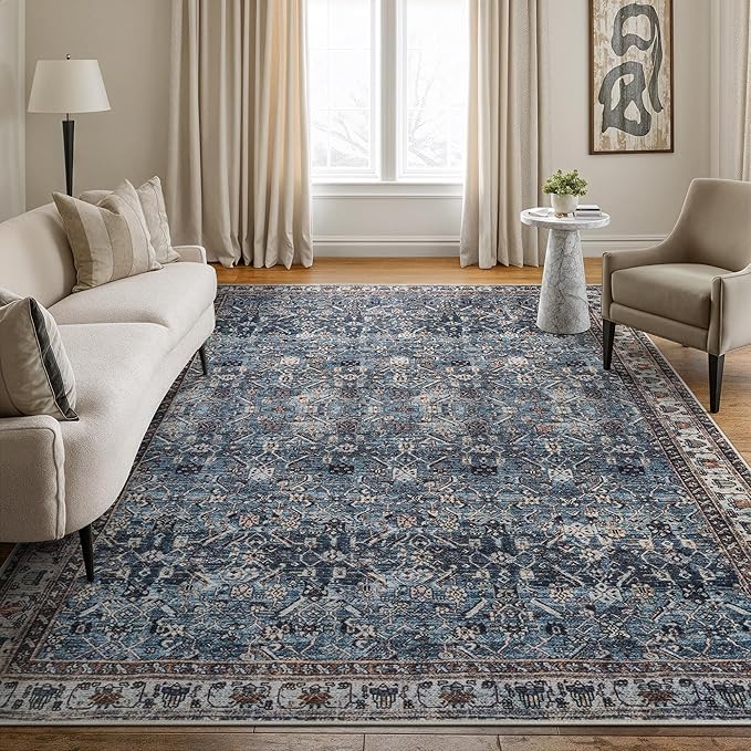 Bloom Rugs Washable Non-Slip 6' x 9' Rug - Blue/Beige Traditional Area Rug for Living Room, Bedroom, Dining Room, and Kitchen - Exact Size: 6' x 9'