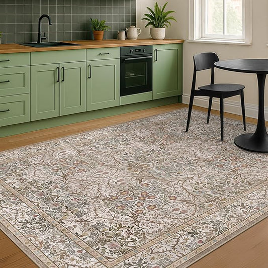 Dining Room Rugs for Under Table - 5x8 Washable Moss Green Oriental Area Rug for Living Room, Low Pile Non-Slip Floor Carpet for Bedroom - Vintage Brown Design & Stain Resistance