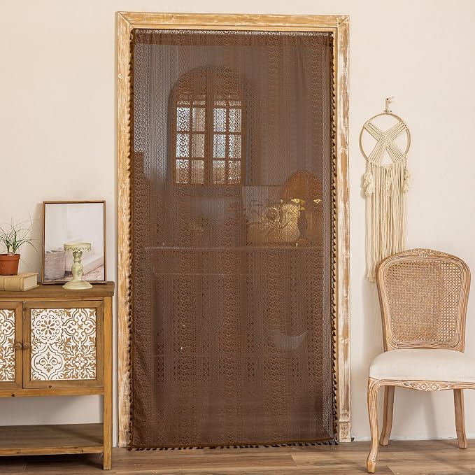 Sutuo Home Dark Coffee Door Curtain for Door Window, Lace Sheer Doorway Curtain for Closet Crochet Vintage Tassels Bohemian Privacy Temporary Room Divider Rod Pocket,1 Panel 37" x 80"