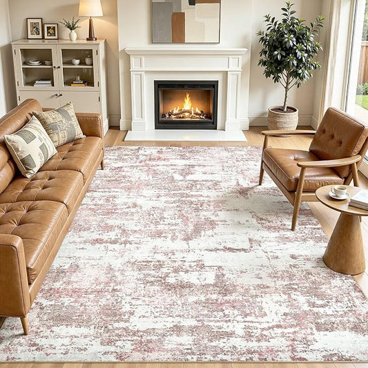 Area Rugs for Living Room: 7x9 Abstract Washable Rug Modern Neutral Large Soft Stain Resistant Non-Slip Backing Machine Table for Bedroom Dining Room Indoor Home Office Carpet - Pink