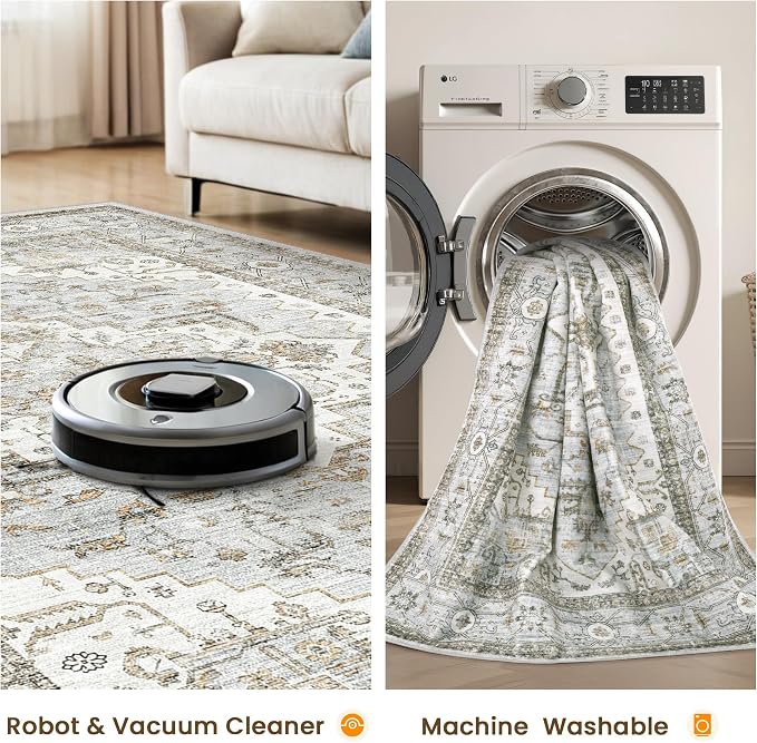 Area Rugs for Living Room - 6x9, Boho Non-Slip Low Pile Carpet Machine Washable Rugs for Bedroom, Farmhouse, Office, Dining Room (Light Blue＆Beige)
