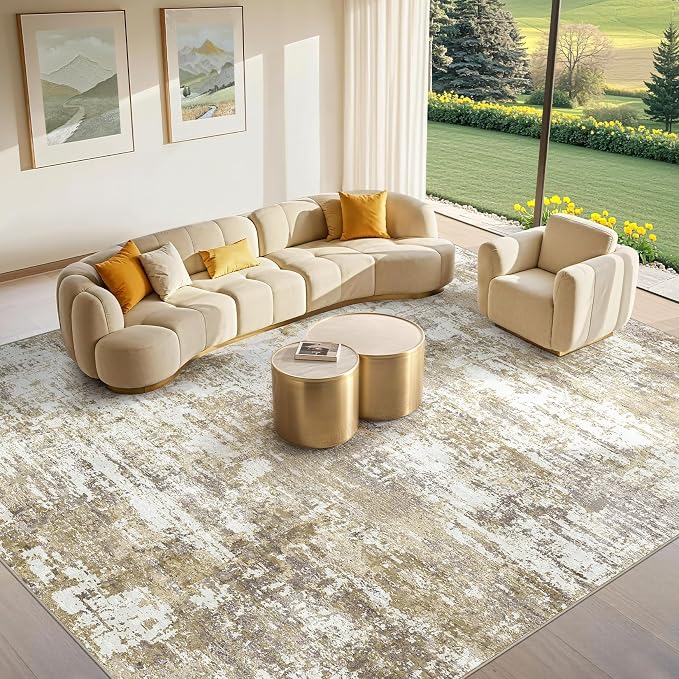 Tortania Area Rug Living Room Rugs - 8x10 Modern Abstract Neutral Large Soft Thin Rugs - Non Slip Indoor Carpet for Bedroom Dining Room Office Nursery Home Floor Decoration - Golden Brown