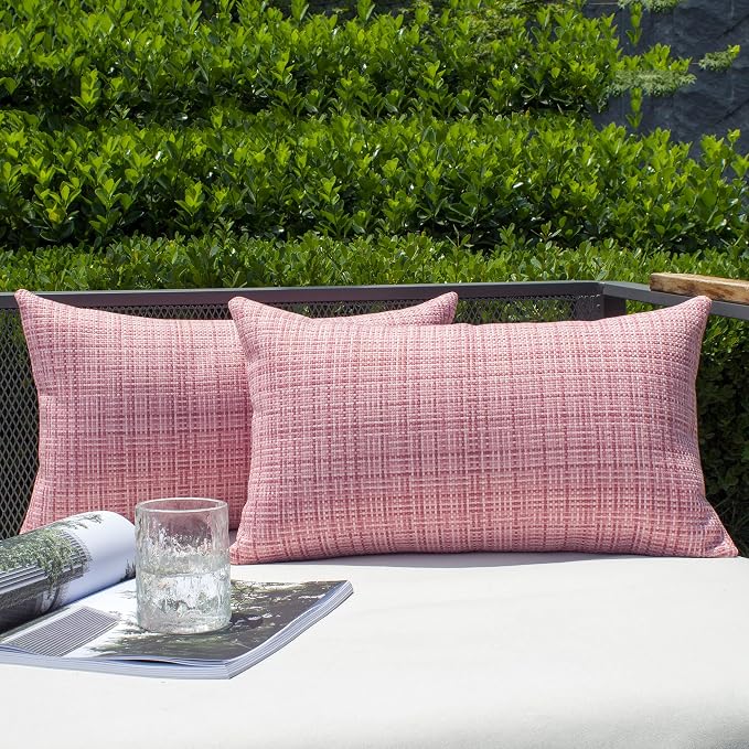Kevin Textile Outdoor Waterproof Throw Pillow Covers 14x24 Inch Pack of 2 Woven Faux Linen Farmhouse Decorative Water Resistant Lumbar Cushion Covers for Tent Patio Garden Couch Sofa Pink