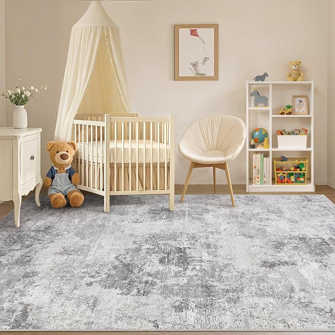 Tortania Washable 6x9 Area Rug for Living Room: Modern Abstract Neutral Large Soft Thin Rugs - Non Slip Indoor Carpet for Bedroom Dining Room Office Nursery Home Floor Decoration - Smoky Gray