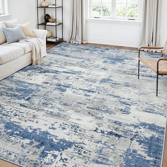 Area Rugs 5x7 Living Room: Large Soft Washable Rug Modern Abstract Anti-Skid Non-Shedding Carpet Indoor Floor Thin Carpets for Bedroom Dining Room Farmhouse Nursery Home Office Grey Blue