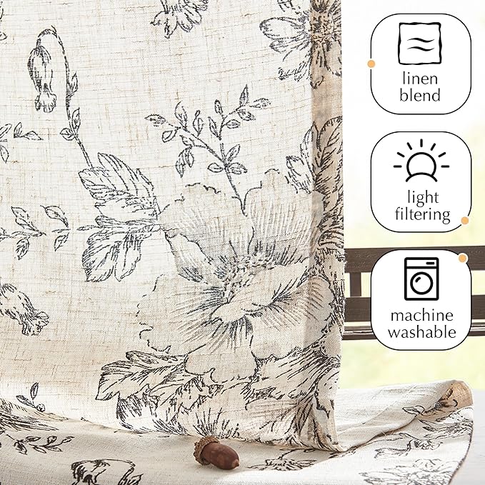 jinchan Floral Linen Tier Curtains 24 Inch Farmhouse Botanic Cafe Drapes for Small Windows Rustic Half Window Curtains for Kitchen Living Room Bathroom Laundry 2 Panels Black on Beige