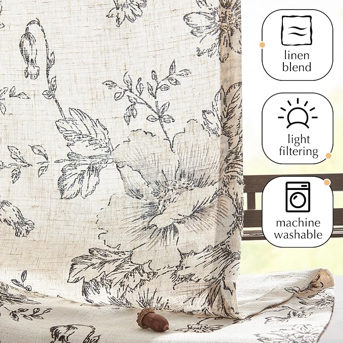 jinchan Linen Kitchen French Floral Tier Curtains 30 Inch Farmhouse Vintage Cafe Small Window Rustic Half Window Curtains for Living Room Bathroom 2 Panels Black on Beige