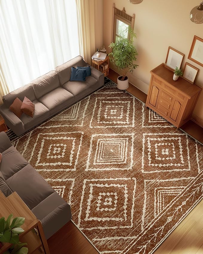 BESTSWEETIE Area Rug 8x10 Rug Machine Washable Non-Slip Low Pile Print Pattern Western Rug for Living Room Bedroom Entryway Tribal Series -Yellowbrown/Cream