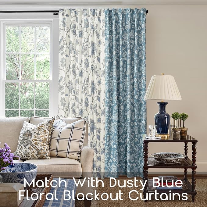 Dusty Blue Curtains 96 Inch Long 2 Panel Set,Slate Blue Grey Floral Patterned Semi Blackout Pastel Curtains for Bedroom Living Room