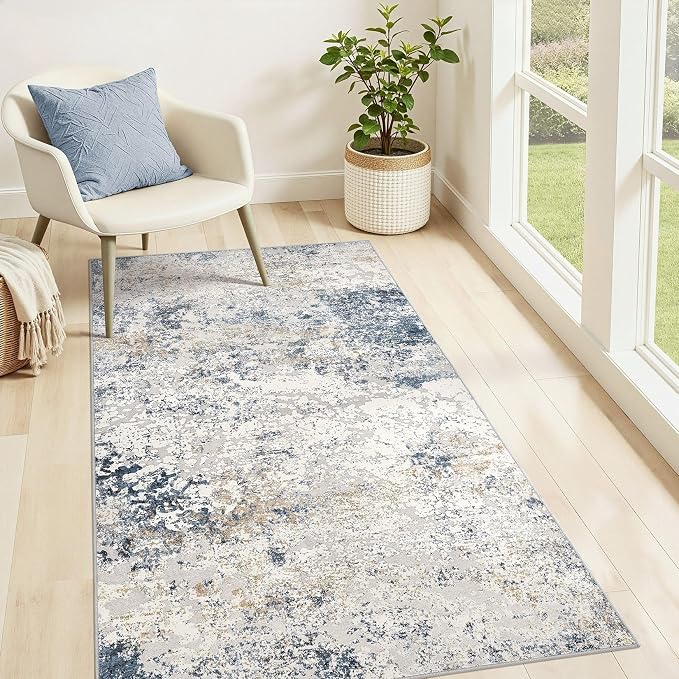 DMOYEST Washable Area Rug: 3x5 ft Abstract Small Rugs for Entryway Kitchen Living Room Bedroom - Non Slip Modern Neutral Carpet Indoor Front Door - Beige Blue