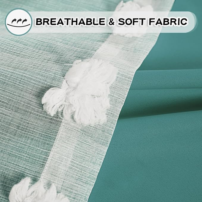 MYSKY HOME Teal Living Room Curtains Kids Curtains for Boys Bedroom 84 Inches Long Double Layer Curtains for Kids Room Darkening Grommet White Pom Pom Sheer Blackout Curtains 52 x 84 Inch 2 Panels