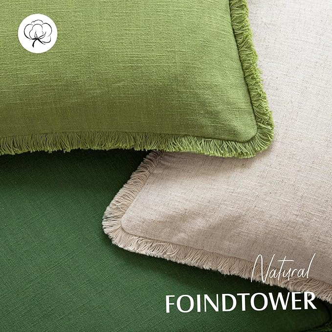 Foindtower Set of 2 Decorative Linen Fringe Throw Pillow Covers Cozy Boho Farmhouse Cushion Cover with Tassels Soft Accent Pillowcase for Couch Sofa Bed Living Room Home Decor,26×26 Inch,Forest Green
