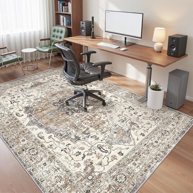 befbee 5x7 Area Rugs for Living Room, Stain Resistant Neutral Washable Rugs for Dining Room, Floral Vintage Non-Slip Thin Large Size Area Rug (Brown/Grey)