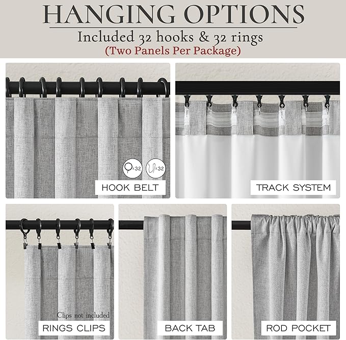 QJmydeco Grey Blackout Curtains 84 Inch Length 2 Panels Set for Bedroom, Modern Faux Linen Room Darkening Pleated Light Gray Burg with Rod Pocket Back Tab 84 Inch Insulated Curtain for Office Sunroom