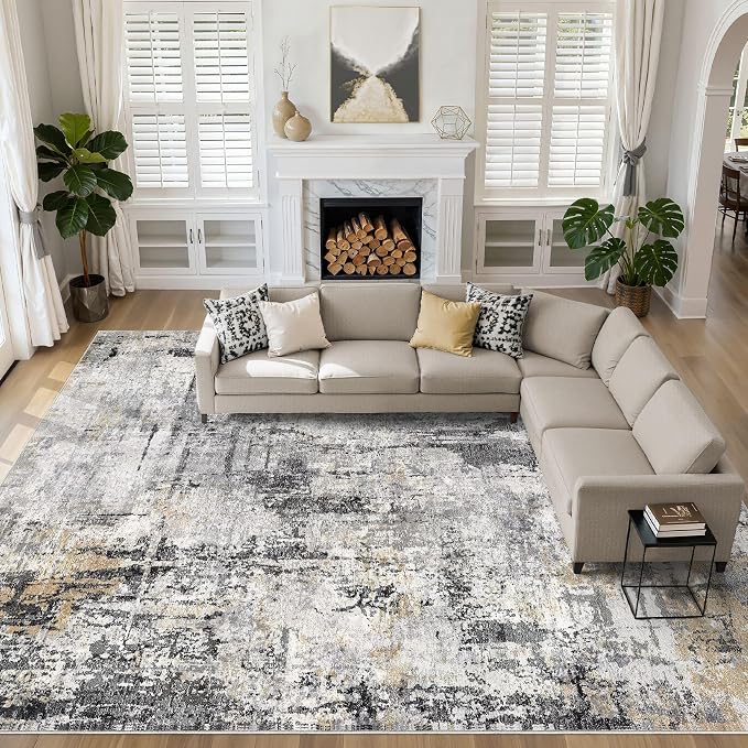10x14 Area Rugs Living Room: Washable Large Abstract Soft Stain Resistant Indoor Floor Rugs Non-Slip Accent Carpet for Bedroom Nursery Playroom Office Dining Room Home House- Gray Beige