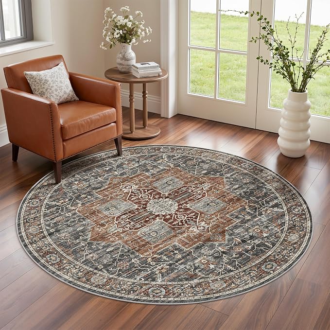 Roxstand Washable 6ft Round Rug - Vintage Non-Slip Circle Rugs for Living Room, Low-Pile Stain Resistant Round Area Rug for Bedroom Dining Room (Grey/Brown/Tan)