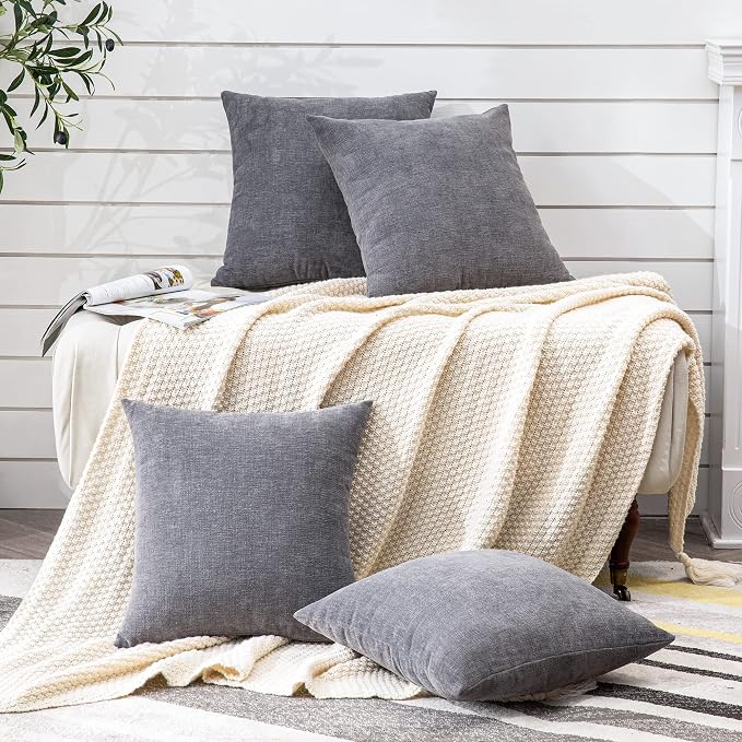 GAWAMAY Decorative Square Throw Pillow Covers 18"x18" Inch Set of 4, Super Soft Chenille Pillows Cover Fall Pillowcase for Living Room Bedroom Sofa Couch Cushion Cover Grey 45x45cm (No Insert)