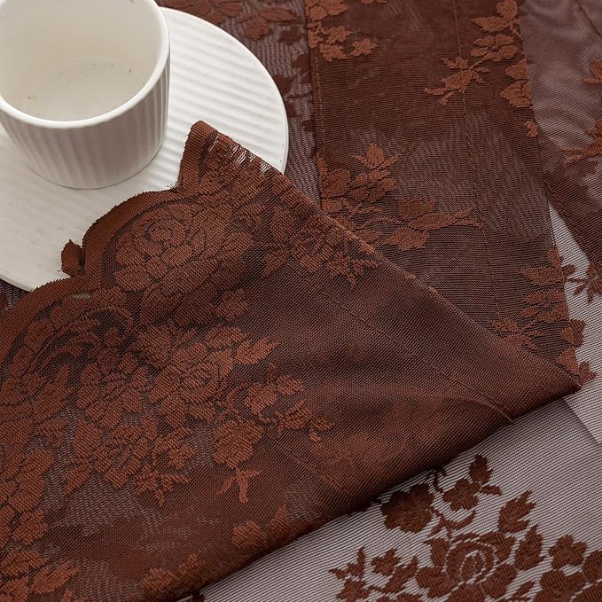 Kotile Warm Brown Sheer Kitchen Curtains 45 Inch Length 2 Panels W42 x L45 in, Dark Brown Vintage Floral Short Lace Curtains for Small Windows, Rod Pocket Privacy Light Filtering Cottage Cafe Curtain