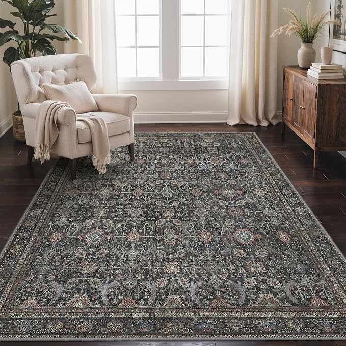 GENIMO 8x10 Area Rugs for Living Room, Machine Washable Non Slip Vintage Rugs, Low Pile Lightweight Chenille Print Rug for Bedroom, Dining Room, Home Office, Black