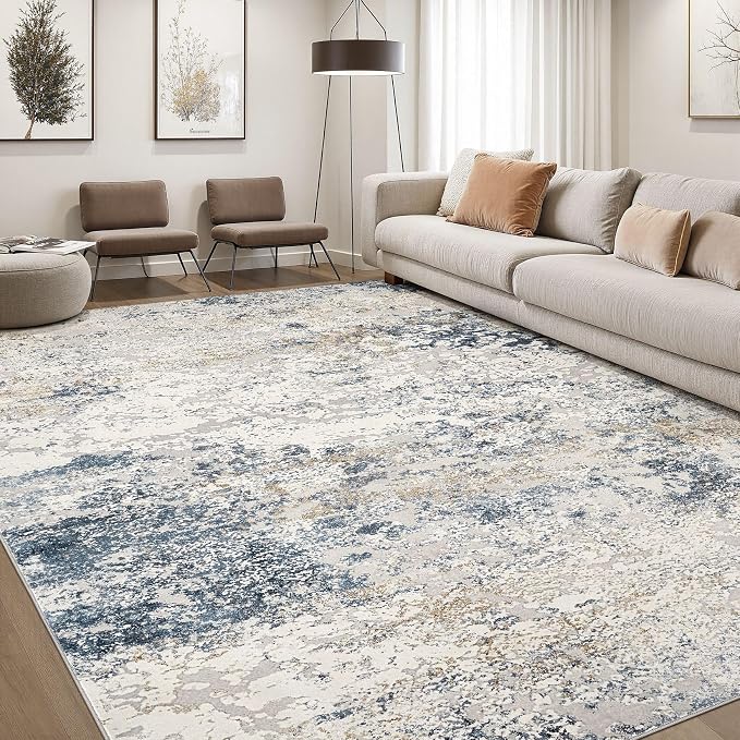 Area Rug Living Room Rugs - 9x12 Abstract Large Soft Indoor Washable Rug Neutral Modern Low Pile Carpet for Bedroom Dining Room Farmhouse Home Office - Beige Blue