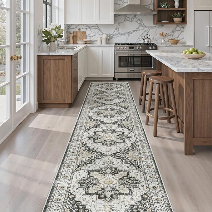 Madane Washable Runner Rugs 2x12 Long for Hallway Kitchen Soft, Black | Non-Slip Vintage Printed 12ft Rug Runners with Rubber Backing, Thin Low-Pile Floor Carpet Laundry Room Entryway, Corridor