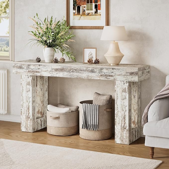 Little Tree 63-Inch Long Console Tables for Entryway, Large Sofa Table Behind Couch, Wooden Entry Foyer Hallway Table, Modern Console Sofa Tables for Living Room, Distressed White