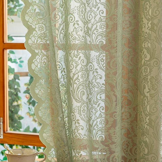 ALIGOGO Sage Green Lace Curtains 45 Inch Length - Boho Floral Cafe Short Curtains for Small Windows, Vintage Privacy Scalloped Edges Spring Summer Home Decor, 52 x 45 Inch, Light Green