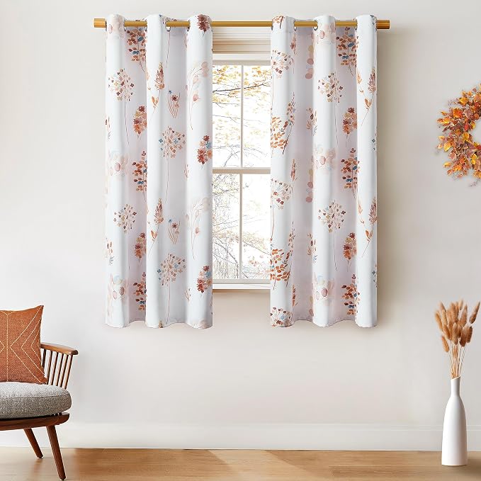 XTMYI Fall Living Room Curtains 63 Inch Length 2 Panels,Floral Design 80% Black Out Block Heat Light Blocking Room Darkening Window Curtains for Bedroom,Burnt Orange and Blue,52x63 Inches Long