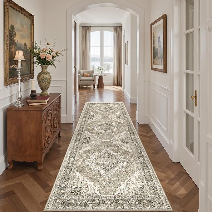 Roxstand Washable 2.6x8 Hallway Runner Rug, Brown/Beige | low-pile carpet, non-slip backing,8ft runner, stain resistant, runner for kitchen, laundry room, entryway,vintage design