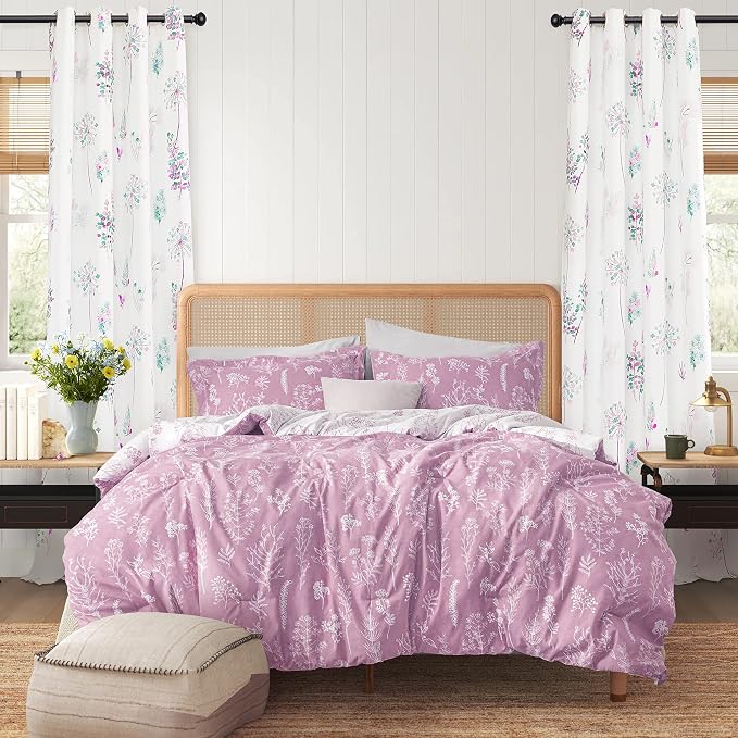 XTMYI Purple Curtains for Living Room 2 Panels Grommet Room Darkening 80% Blackout Pastel Pale Colored Floral Print Woman Feminine Curtains for Office,Purple and Gray,52 by 84 Inches Long