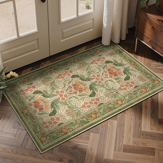 Bavni 3x5 Area Rugs, Floral Machine Washable Rugs for Living Room, Dinning Room, Bedroom, Non Slip Aesthetic Vintage Low Pile Durable Lightweight Farmhouse Rug, Sage Green & Burnt Orange