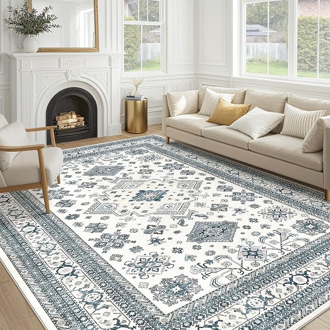 Vintage Living Room Area Rug 8x10 - Large Soft Washable Oriental Traditional Distressed Farmhouse Rugs for Bedroom - Indoor Floor Accent Carpet for Home Office House Decor - Powder Blue