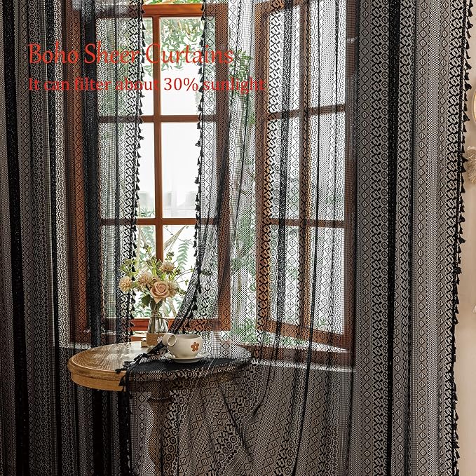 Sutuo Home Lace Boho Curtains 2 Panels for Kitchen Nursery, Semi Sheer Curtains Crochet Vintage Chic Tassels Bohemian Rustic Long Strips Privacy Window Treatments Geometry Rod Pocket, 50" x 63" Black