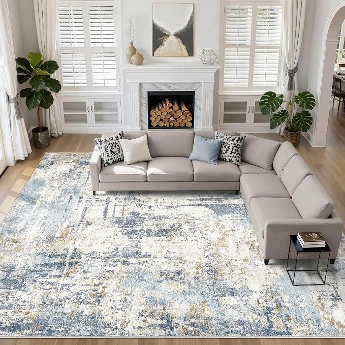 10x13 Area Rug Living Room: Washable Large Abstract Modern Soft Rugs Stain Resistant Indoor Floor Non Slip Accent Carpet for Bedroom Nursery Playroom Office Dining Room Dorm Home House- Light Blue