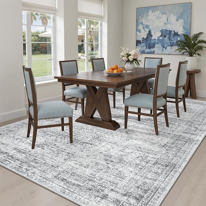 Soalmost 5x7 Area Rugs Gray Low Pile Indoor Washable Trendy Faded Style Rugs for Bedroom Living Room Dining Room Foldable Non-Slip Thin Grey Print Mat