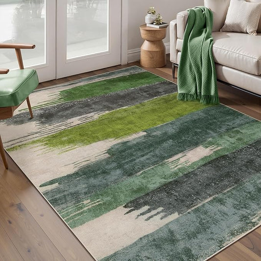Ciicool Abstract Area Rug Indoor, 3x5 Washable Entryway Rug, Modern Soft Throw Entry Rug with Non-Slip Backing for Bedroom Living Room Entrance Kitchen, Low-Pile Floor Carpet Doormat Green