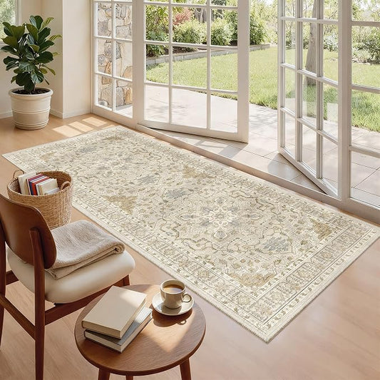 Madane Washable Runner Rug 3x6 Runners for Hallways Non Slip, Beige/Blue | Vintage Stain-Resistant 6 Feet Kitchen Rug, Soft Low-Pile Ultra-Thin Floor Carpet Mat for Bathroom Laundry Room Bedroom 2x6ft