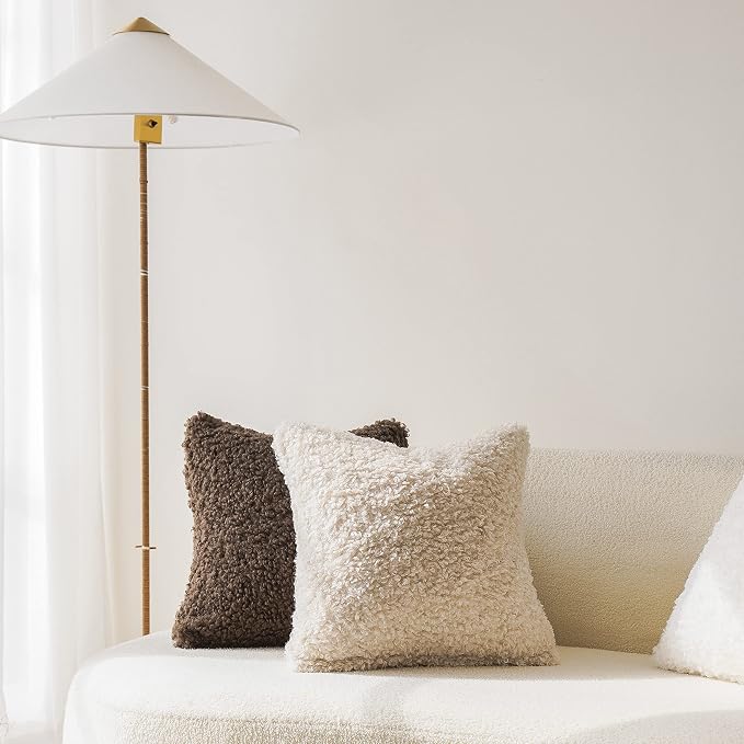 Foindtower 2 Pieces 26x26 Inch Neutral Cream, Faux Fur Throw Pillow Cover Accent Sherpa Pillow Fuzzy Soft Pillowcases Sheepskin Decorative Fleece Cushion Case for Bed Couch Living Room