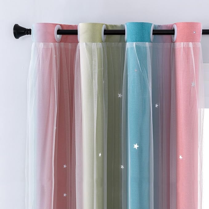 XiDi Curtains for Bedroom Decor, Rainbow Pink-Blue-34-45